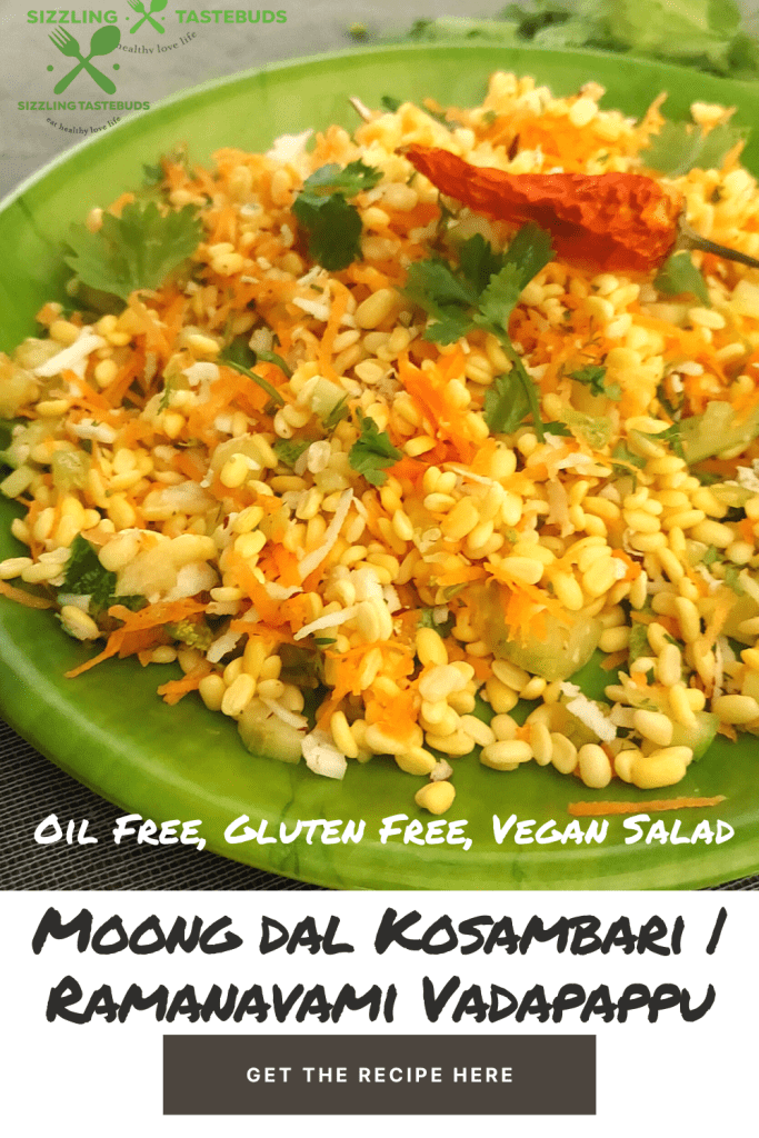 Moong dal Kosambari is a light salad made with split green gram and served as a salad or Prasad during Festivals. Sometimes, grated carrot or minced cucumber is also added to this.