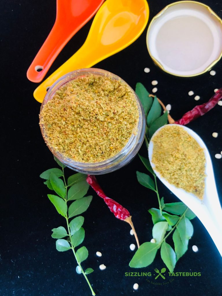 This is a delicious, Vegan + GF iron-rich Spice powder (Condiment) made with Curry leaves, lentils and basic spices. Eaten with steamed rice or with Idli / Dosa.