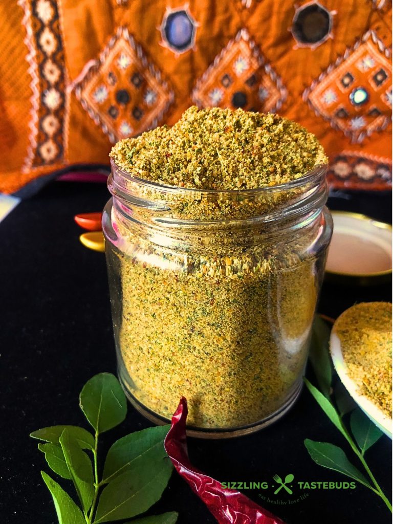 This is a delicious, Vegan + GF iron-rich Spice powder (Condiment) made with Curry leaves, lentils and basic spices. Eaten with steamed rice or with Idli / Dosa.