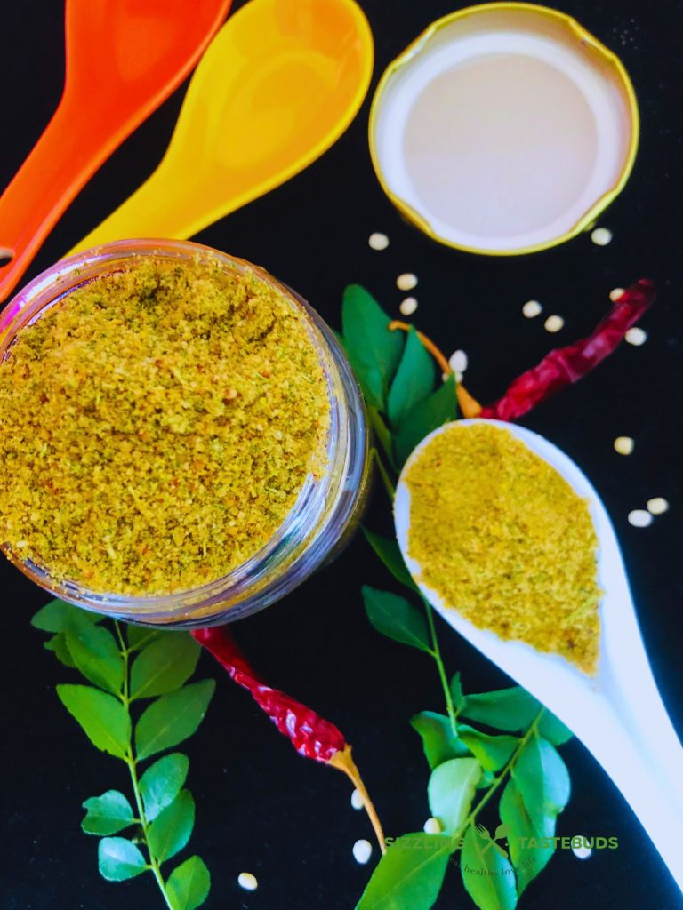 This is a delicious, Vegan + GF iron-rich Spice powder (Condiment) made with Curry leaves, lentils and basic spices. Eaten with steamed rice or with Idli / Dosa.