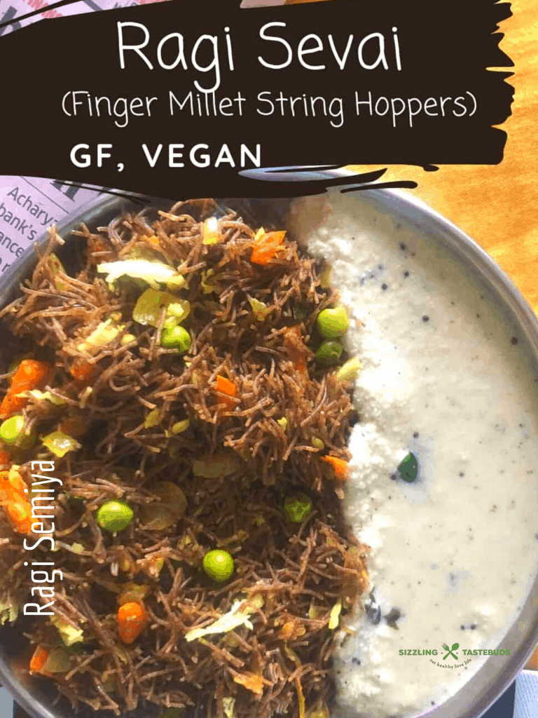 A sevai / Upma /savory pudding made with Ragi Sevai / Ragi Vermicelli or Finger Millet string hoppers. Served as a South Indian Breakfast or Snack. 