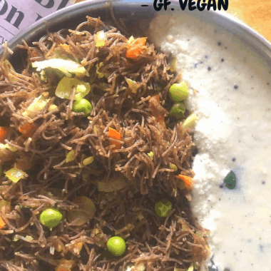 A sevai / Upma /savory pudding made with Ragi Sevai / Ragi Vermicelli or Finger Millet string hoppers. Served as a South Indian Breakfast or Snack.