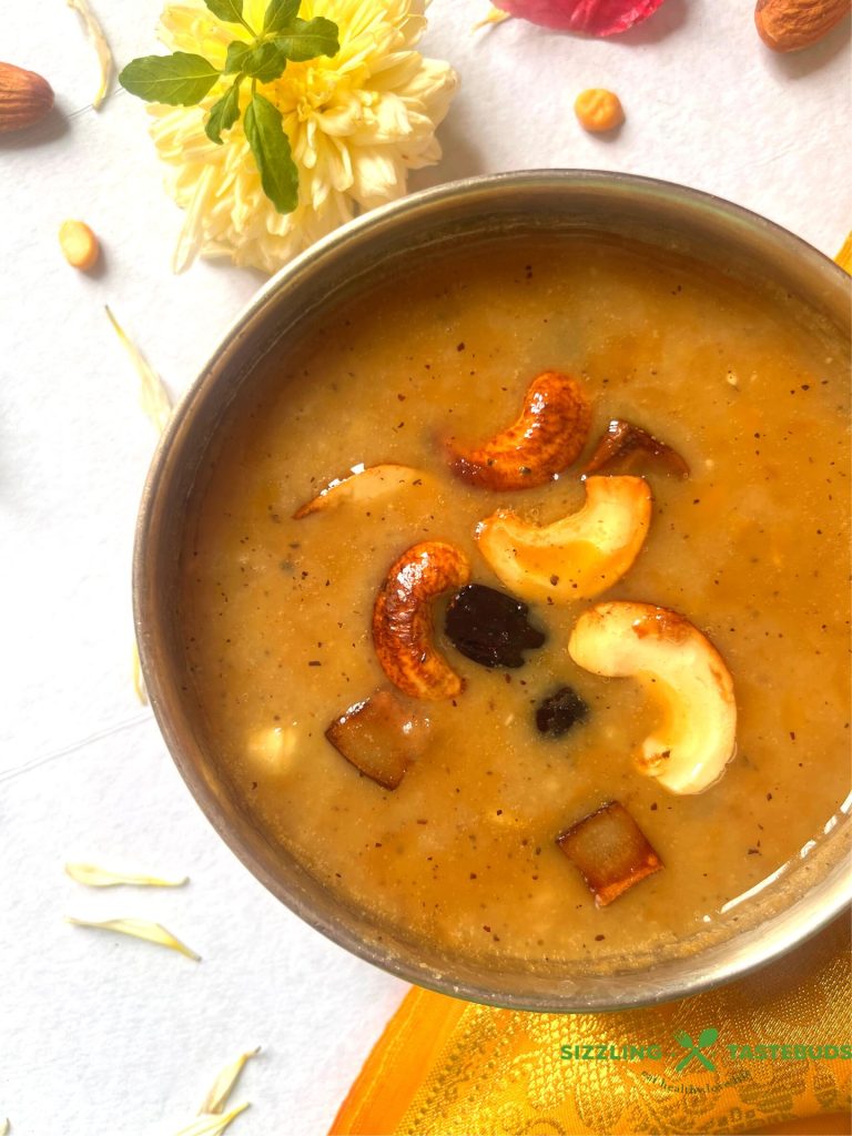 Kadalai paruppu payasam is a traditional South Indian dessert made with chana dal (split chickpeas), jaggery, and coconut milk.