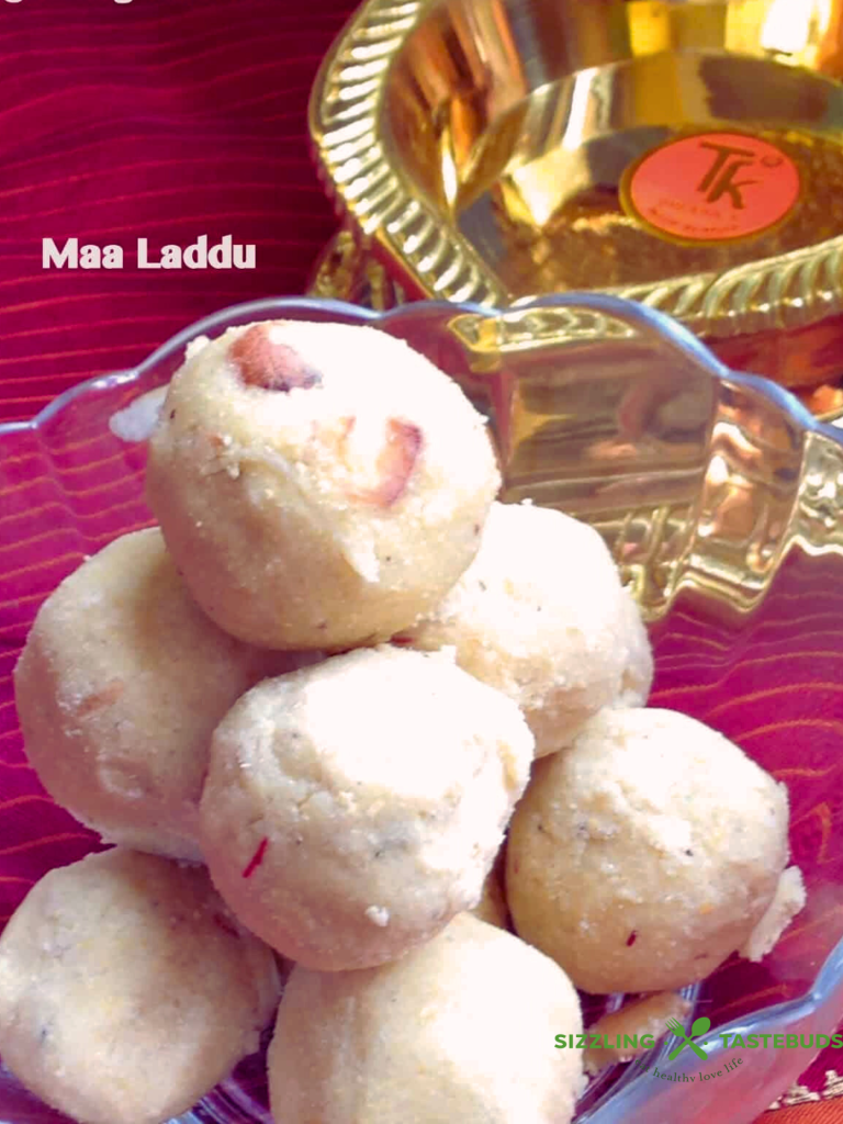 Maladu or Maa Ladoo is a quick sweet made with fried gram, sugar and ghee for Janmashtami and Diwali festivals.