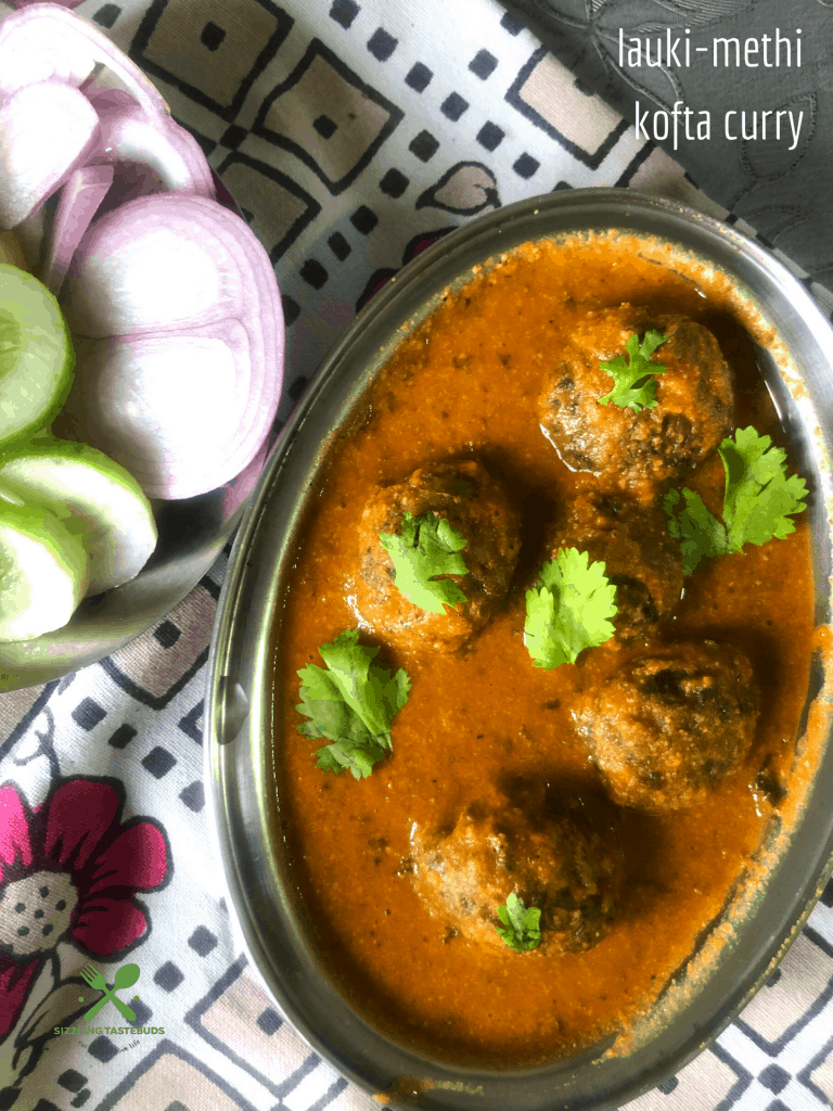 Lauki Methi Kofta Curry is a Low-fat Indian Curry (Gluten Free+vegan) made with bottlegourd and fenugreek leaves dumplings that are simmered in a spicy tomato base. Served with flatbreads and rice.