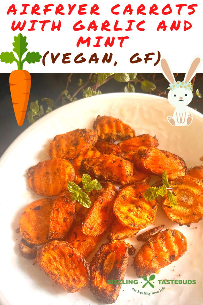 Garlic and Mint come together with carrots in this fuss free, Vegan + GF delicious dish that is made in minutes in an air fryer. Serve as a side or enjoy as a meal !