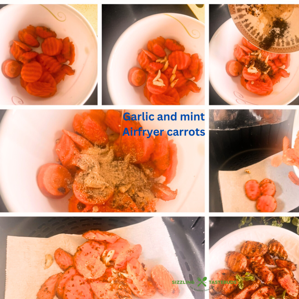 Garlic and Mint come together with carrots in this fuss free, Vegan + GF delicious dish that is made in minutes in an air fryer. Serve as a side or enjoy as a meal !