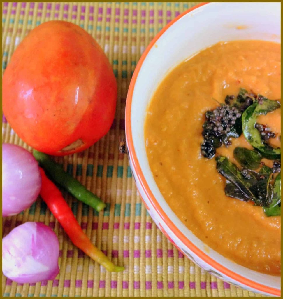 Chettinad Kara Chutney is a fiery dip or Chutney made with Tomatoes, onion and spices and served with South Indian Breakfast.  
